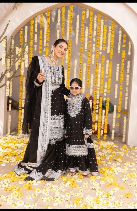 Product Introduction of Aliyah KIDS Wedding FARSHI Gharara Mother and Daughter Black Dresses. 18