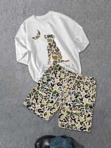 Two-Piece Set Men's Camo Print Short Sleeve Tee & Shorts, Regular Fit Casual Fashion Cozy Breathable T-shirt & Shorts for Daily Outdoor Wear, Men Clothes for Summer