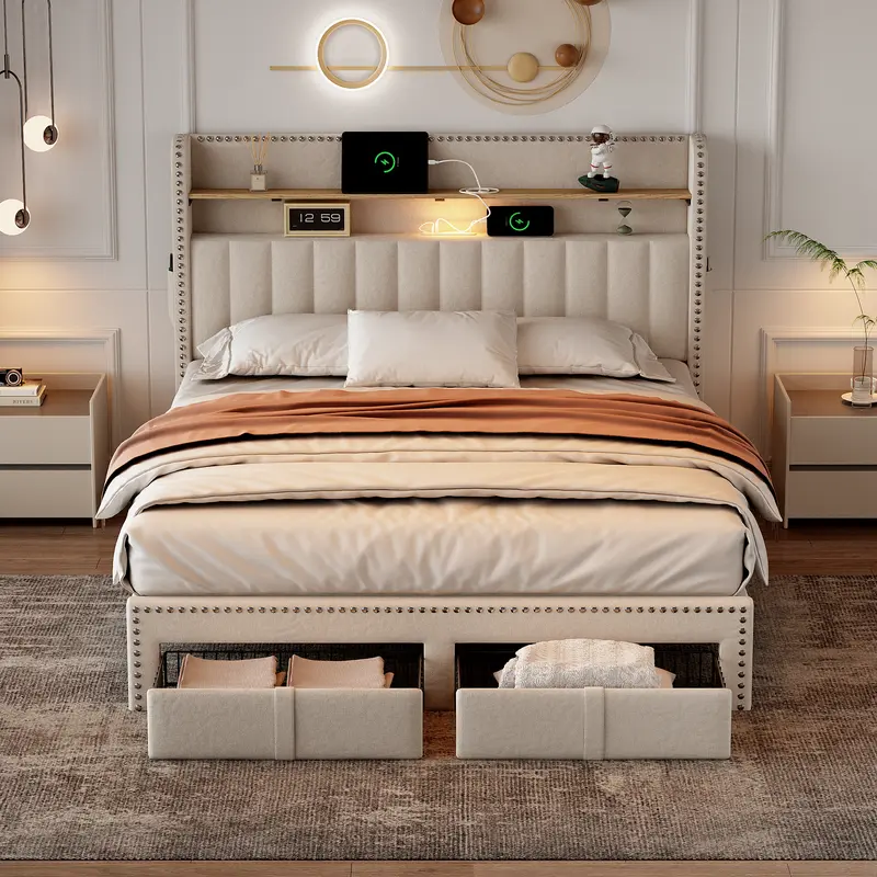 4ft6 Double Upholstered Bed with 2 Storage Drawers, Riveted Storage Bed with Charging and Lighting, Linen Platform Bed Frame No Box Spring Needed, Easy Assembly, Beige (No Mattress) 1