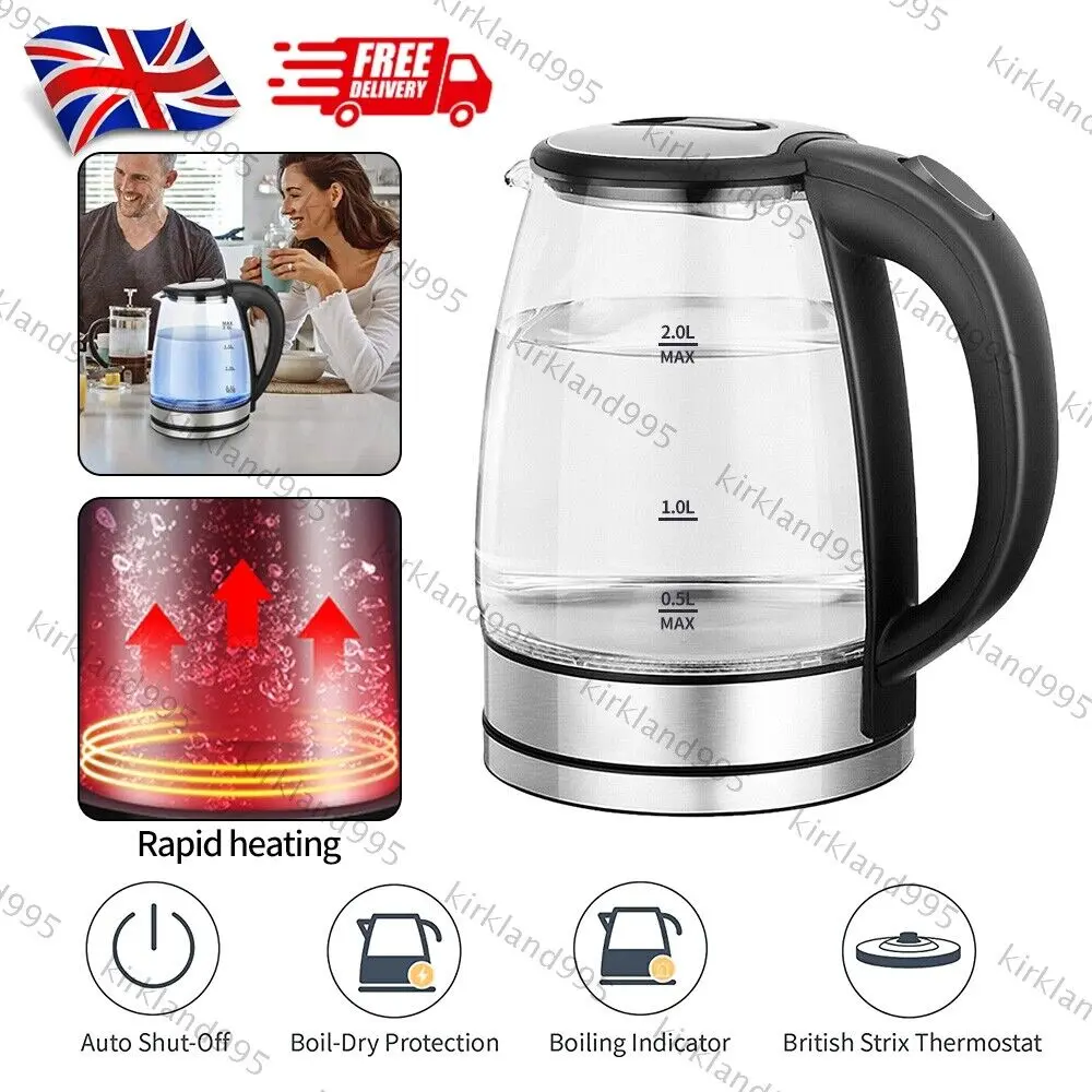 1800W Cordless Electric Glass Kettle 2L with Auto Shut-Off & Blue LED - UK Plug
