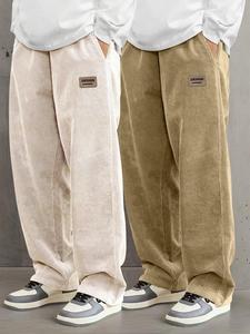 Men's Letter Patched Drawstring Waist Corduroy Pants, Loose Casual Comfy Straight Leg Trousers for Fall & Winter, Men's Bottoms for Daily Wear