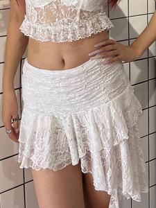 Women's Plain Ruffle Hem Asymmetrical Hem Sheer Lace Skirt with Ribbon Design, Elegant Soft High Waist Tiered Layer Mini Skirt for Party, Ladies Elegance Summer Bottoms, Womenswear, Chic Elegant Skirt, Formal Elegant Skirt