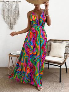 Women's All Over Print Deep V Neck Backless Cami Dress, Elegant Adjustable Strap Criss Cross A Line Dress for Beach Holiday Vacation, Ladies Summer Clothes, Bohemian Print Dresses