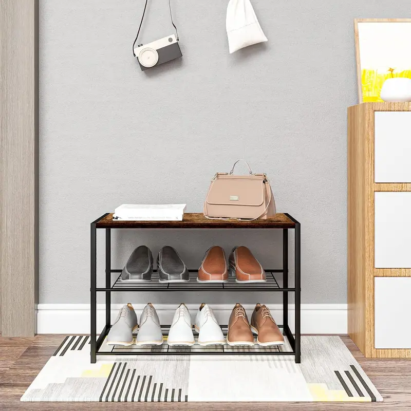2 Tiers Wooden Shoe Rack Metal Shoe Benches for Hallway,Shoes Storage Organizer SR0051 Steel 1