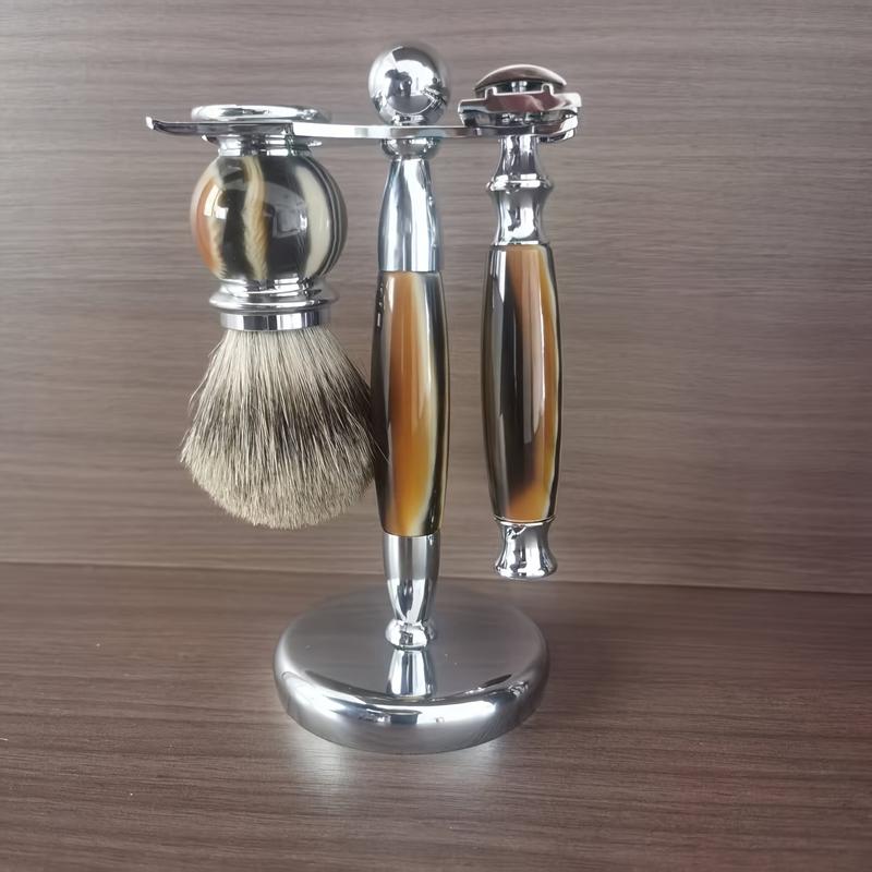 Good Oasis  A Pack of 3 Premium Shaving Items: Razor, Badger Hair Brush, and Metal Stand. Great for Flawless Beard and Mustache Grooming, Enabling Sleek Shaving and a Smooth Finish to Enhance Your Beard Styling Game. 8