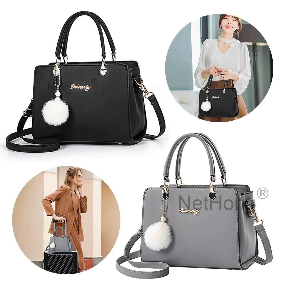 Women's Handbags PU Leather Women's Handbags Designer Women's Handbags Pure Colour Women's Handbags with Pom Pom Charms luxury