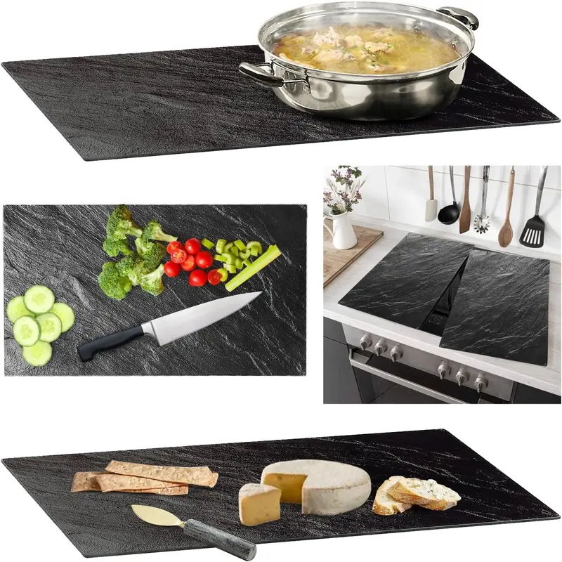 Set of 2 Glass Chopping Boards - 2pcs Universal Hob Cover Worktop Savers for Induction, Ceramic & Electric Stove - Non-Slip Tempered Glass Cutting Board - Black Slate Marble Kitchen Knives 3