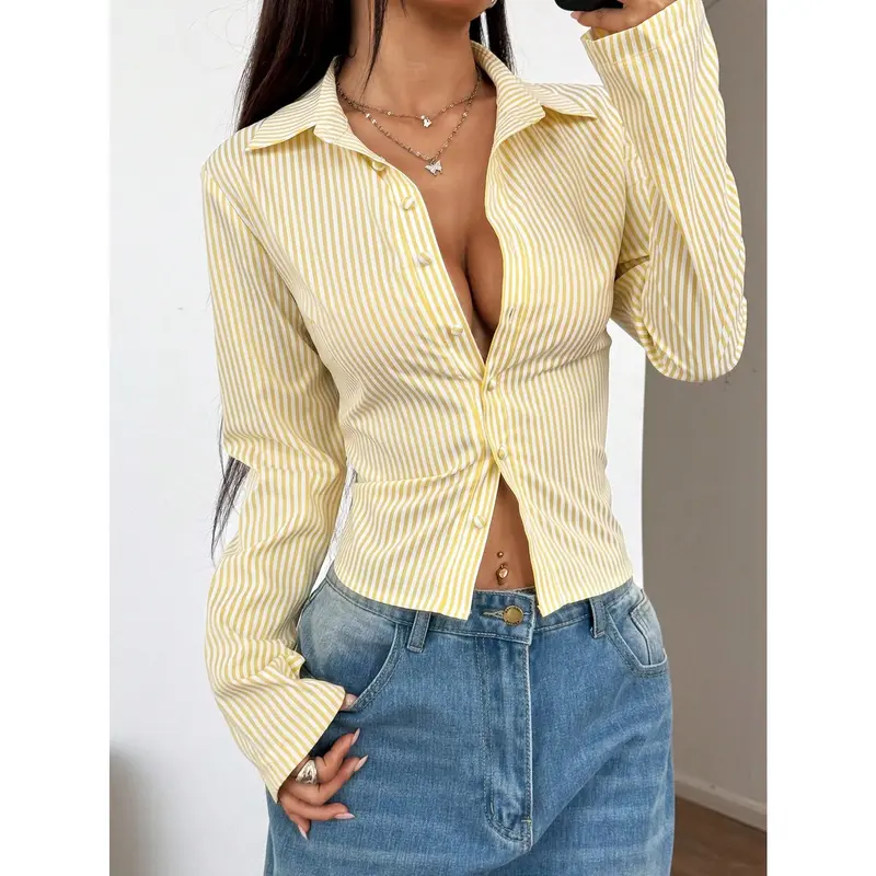 Pariaura French Style Slim Fit Long Sleeve Blue & White Striped Elegant Commuter Woman Shirt 5