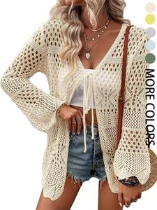 Women's Solid Color Hollow Out Crochet Cardigan, Elegant Basic Chic Casual Knitting Longsleeves Tie Front Knitwear for Summer, Fashion Women's Knit Clothing for Beach Vacation, Womenswear, Cardigans for Women, Lady Casual Classy Top