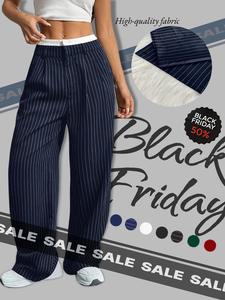 Women's All Over Striped Print Pocket Wide Leg Pants, Casual Fashion Pants, Casual Comfy Trousers for Spring & Fall, Women's Bottoms for Daily Wear