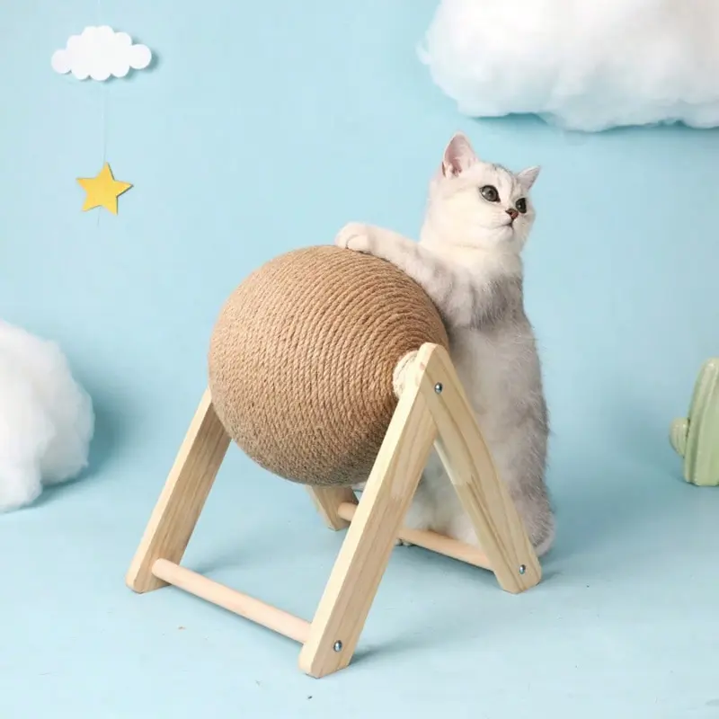 {BY} Natural Wood Cat Scratcher - Sisal-Covered Scratching Post & Play Ball 3
