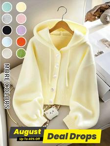 Women's Solid Button Front Hooded Cardigan, Casual Cute Long Sleeve Knitwear for Fall & Winter, Women's Knit Clothing for Daily Wear, Tops