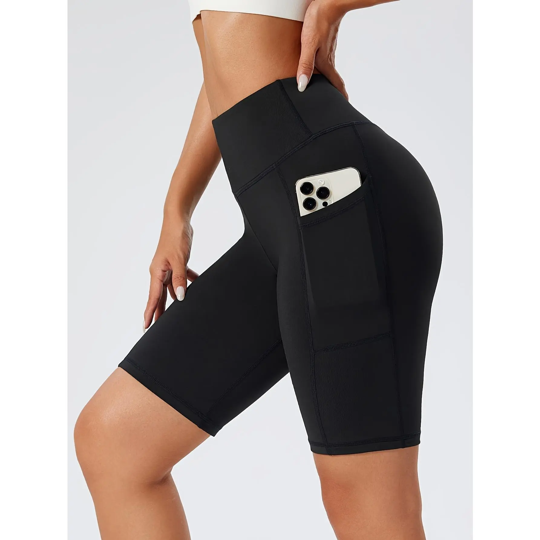 [High-Waist Tummy Control Yoga Shorts] Women's High-Waist Black Yoga Shorts with Pockets - Tummy Control, Stretchy Running & Workout Leggings, Durable Polyester/Spandex Blend, Sleek Design