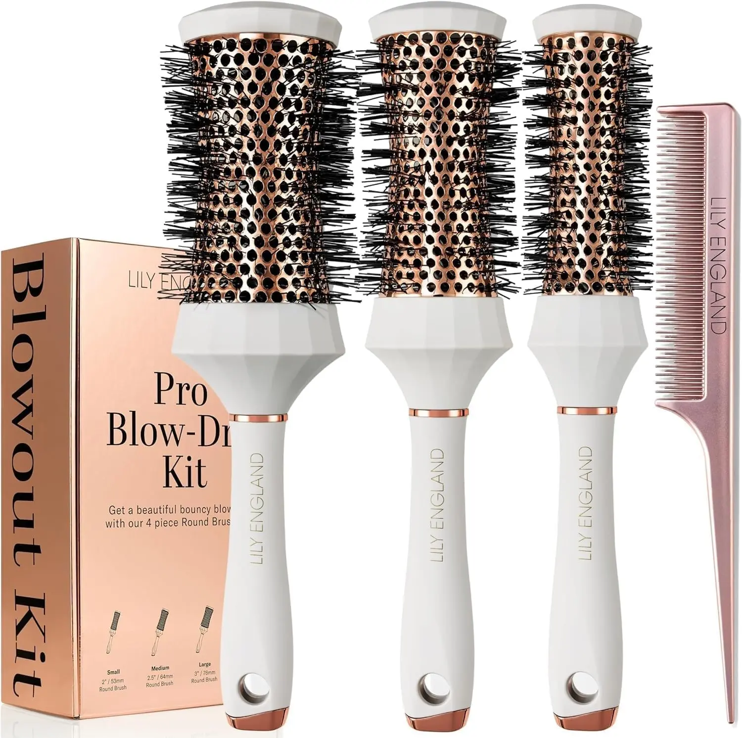 Lily England Pro Round Blow-Dry Brush Set for Quick and Easy Hair Styling - 4 Piece Professional Blow Dry Kit - Beauty Gifts Sets for Women