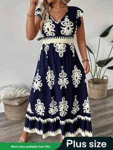 【Plus Size】 Women's Dress, Bohemian Fashion Casual V Neck Dress for Daily Holiday Vacation Wear, Women Plus Clothing for Summer, Womenswear