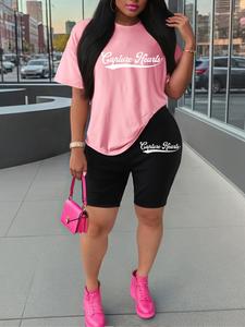 Two-piece Set Women's Letter Print Tee & Skinny Shorts, Casual Round Neck Short Sleeve T-shirt & Above The Knee Shorts, Ladies Sportswear for Indoor Outdoor Wear, Suits, Shortsleeve Womenswear