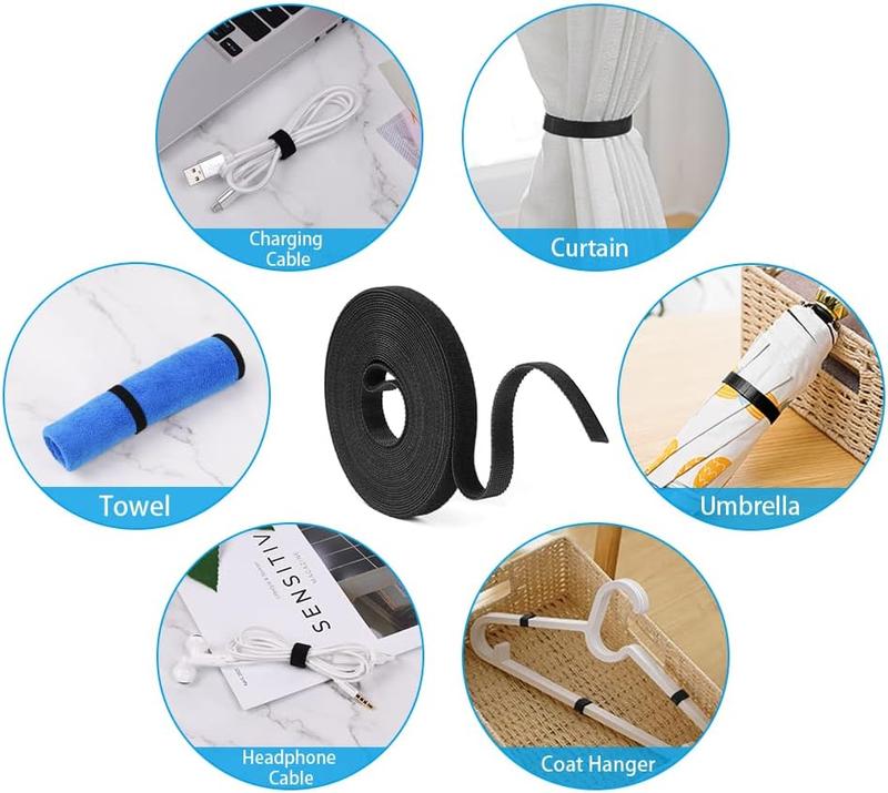 DECOWIB Fastening Tape Hook and Loop Cable Ties, 10mm x 10m Reusable Self Adhesive Cable Ties Straps for Cable Management, Cord Organizer Straps, Black (10m) 6