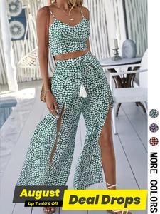 Two-piece Set Women's Ditsy Floral Print Crop Cami Top & Split Thigh Pants, Boho Fitted Sleeveless Top & Trousers for Beach Holiday Vacation, Ladies Summer Clothes, Bohemian Womenswear, Casual Loungewear Set, Short Beach Outfits Sleeveless Matching Sets