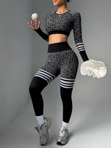 Women's Colorblock Leopard Print Sports Top & Leggings Tracksuit Set, Sporty Casual Comfy Breathable for Yoga Gym Workout Running, Ladies High Stretch  Sportswear for All Seasons