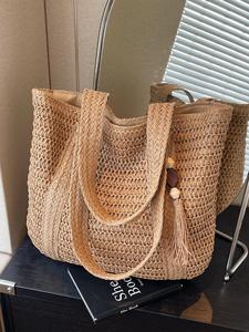 Women's Solid Color Straw Tote Bag, Fashionable Boho Style Shoulder Bag for Daily Used, Casual Trendy Versatile High-quality Daily Commuting Bag