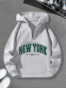 Men's Letter Print Zip Up Hoodie, Casual Loose Long Sleeve Hooded Sweatshirt for Spring & Fall, Fashion Men's Clothes for Daily Wear, Tops