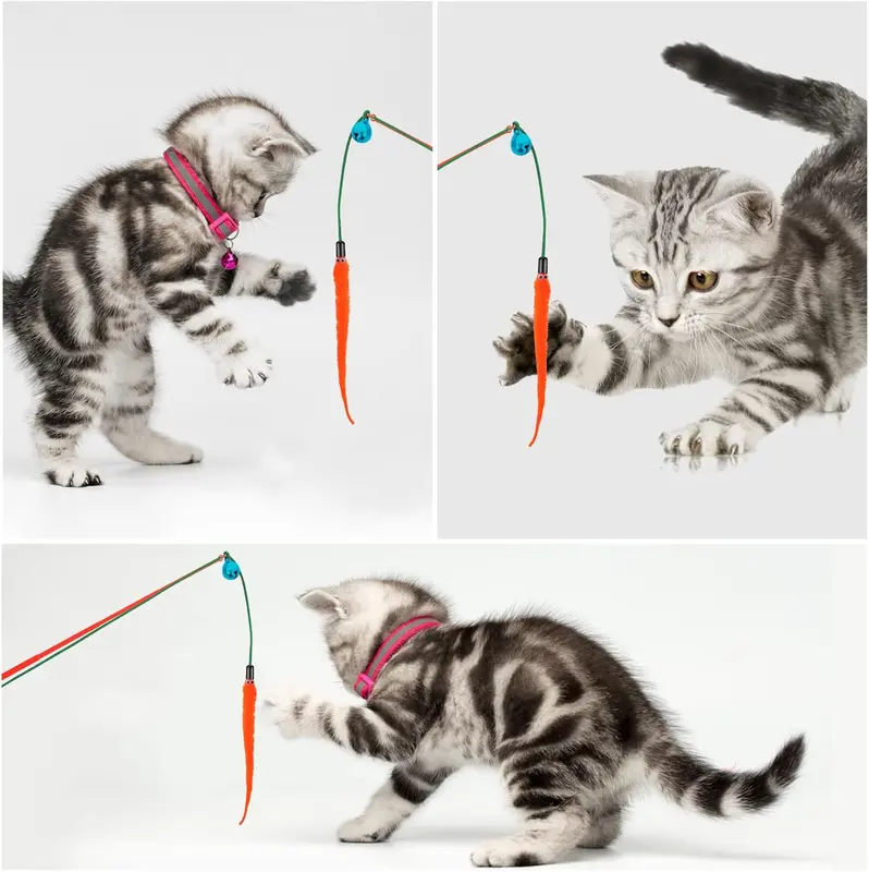 Cat Feather Toys, 6 Pcs Cat Feather Wands Interactive Worm Teaser Toy for Indoor Outdoor Bored Exercise, Cat Interactive Wand Toys with Worm Refills and Cat Bells, Cat Kitten Wire Chaser 4