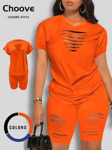 Two-piece Set Women's Plain Ripped Tee & Shorts Set, Slim Casual Trendy Round Neck Cap Sleeve T-shirt & Skinny Shorts, Summer Clothes Women, Summer Outfits, Vacation,  Minimalist Womenswear
