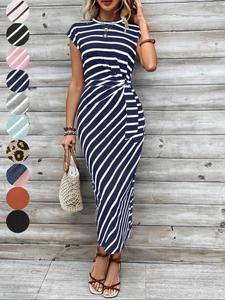 Women's Striped Print Knot Bodycon Dress, Summer Outfits 2024, Elegant Drop Shoulder Short Sleeve Long Dress for Summer, Sundress Maxi Dress, Frenchy Style Ladies Clothes for Beach Holiday