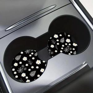 Flower Pattern Car Coasters, 1 Pair Waterproof Anti-slip Car Cup Mat, Auto Interior Decoration, Car Accessories