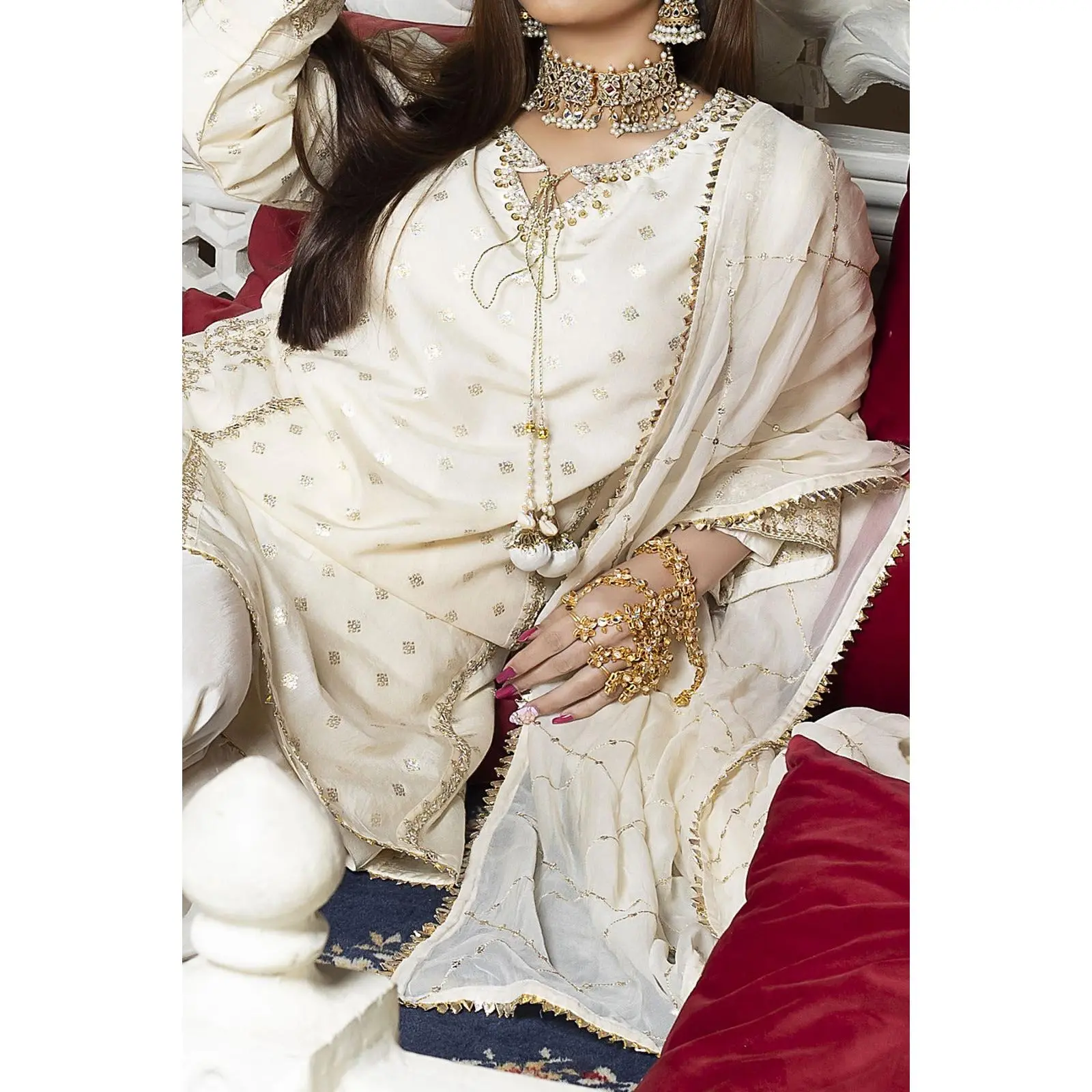 Off-white Jacquard Embroidered Shirt with Viscose three layered Gharara pairs with Chiffon Dupatta