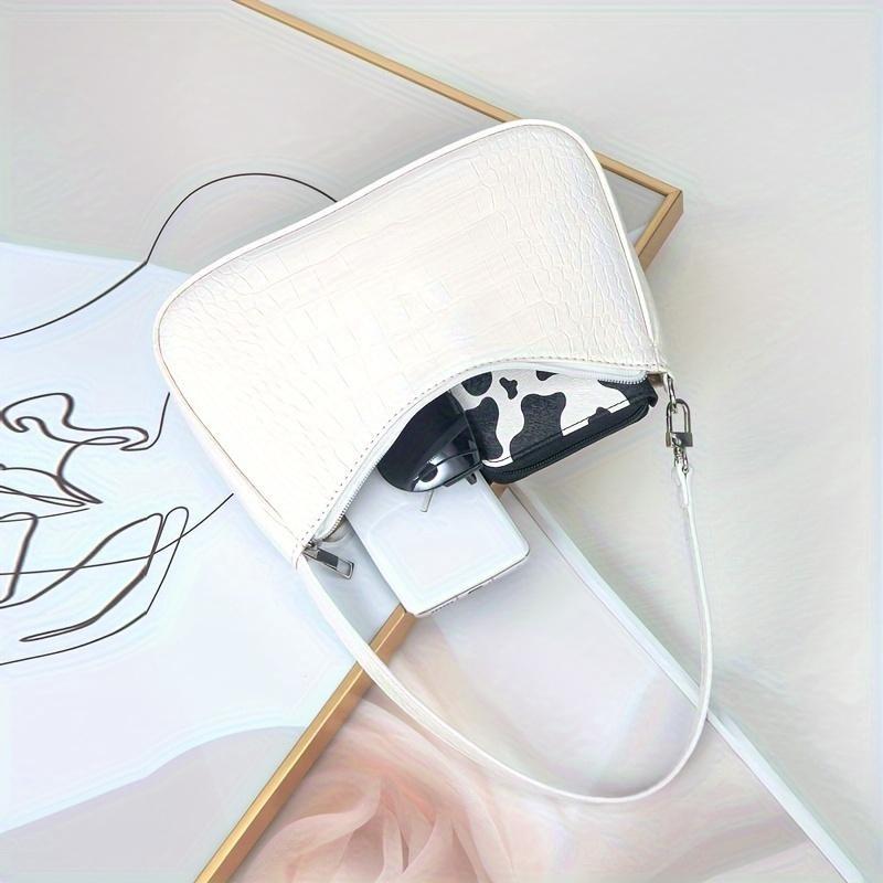 White Crocodile Pattern Women's Shoulder Bag - Stylish Synthetic Leather Baguette with Zipper Closure, Polyester Lining, and Detachable Strap for Everyday Use 5