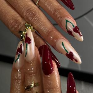 Cherry Pattern Fake Nails with Nail File & Tape, 24pcs/set Long Almond False Nails for Women & Girls DIY Nail Art, Effortless Press on Nails Manicure Set