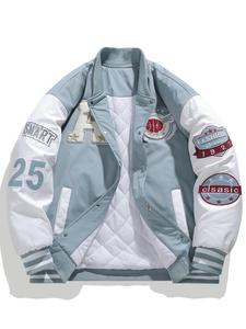 Men's Colorblock Letter & Figure Embroidery Baseball Collar Jacket, Regular Fit Casual Long Sleeve Button Front Outerwear for Fall & Winter, Men's Clothes for Daily Wear