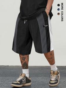 Men's Colorblock Letter Patched Drawstring Waist  Corduroy Shorts, Regular Fit  Casual Comfy Pocket Straight Leg Shorts for Summer, Fashion Men's Bottoms for Daily Wear