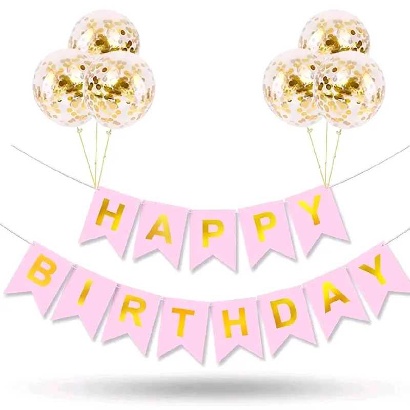 Happy Birthday Bunting Banner with 12 Inch Balloons | Pink Birthday Decoration Bunting For Kids Girls Boys Men Women Party UK 0