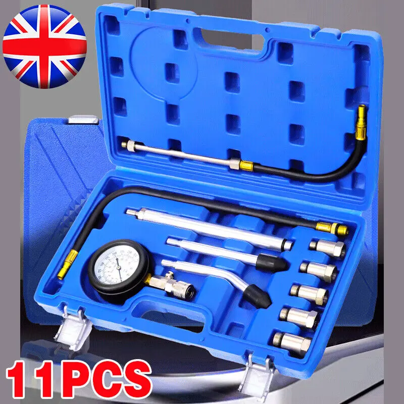 Petrol Engine Compression Tester Kit Fuel Cylinder Pressure Gauge Tool Set 11X 2