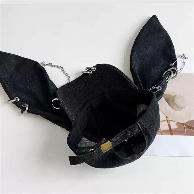 Women's Dark Punk Distressed Denim Cat Ear Baseball Cap with Iron Ring Detail - Adjustable Black Trucker Hat for Edgy Style, Fashion Accessory | Metal Ring Detailing | Denim Construction 8