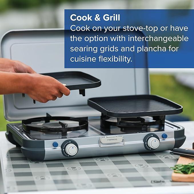 Camping Stove, 2 x 2,000 Watts power, Gas Stove with removable Grill Plates & Pot Supports, multiple Grilling and Cooking options, portable & compact 4