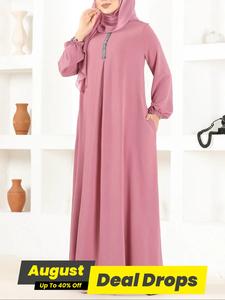 Women's Plain Round Neck Long Sleeve Dress, Casual Modesty Solid Color Crew Neck Abaya for Daily Wear, Ladies Clothes for All Seasons, Classy Modest Dresses, Classy Modest Loose Abayas Dresses, Modestfashion, Abaya Hijab Set