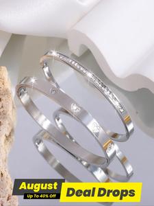 Love Single Row Drill Trendy Bangles (2pcs), Rhinestone Decorated Bracelet, Stainless Steel Jewelry for Party, Daily Clothing Decor, Trendy All-match & Exquisite Fashionable Jewelry Accessories for Birthday Gift, High Quality Fashionable Bracelet