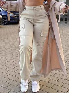 Women's Plain Multi-pocket High Waist Cargo Pants, Casual Streetwear Pants, Casual Elastic Waist Button Fly Trousers for Fall & Winter, Women's Bottoms for Daily Wear