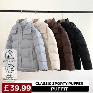[Ships From UK] PUFFIT Women's & Men's Basic Warm Fitted Button Puffer Coat with Removable Hood Zip
