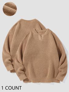 Unisex's Solid Textured Drop Shoulder Sweater, Regular Fit Casual Long Sleeve Notched Neck Jumper for Fall & Winter, Unisex's Knitwear for Daily Wear