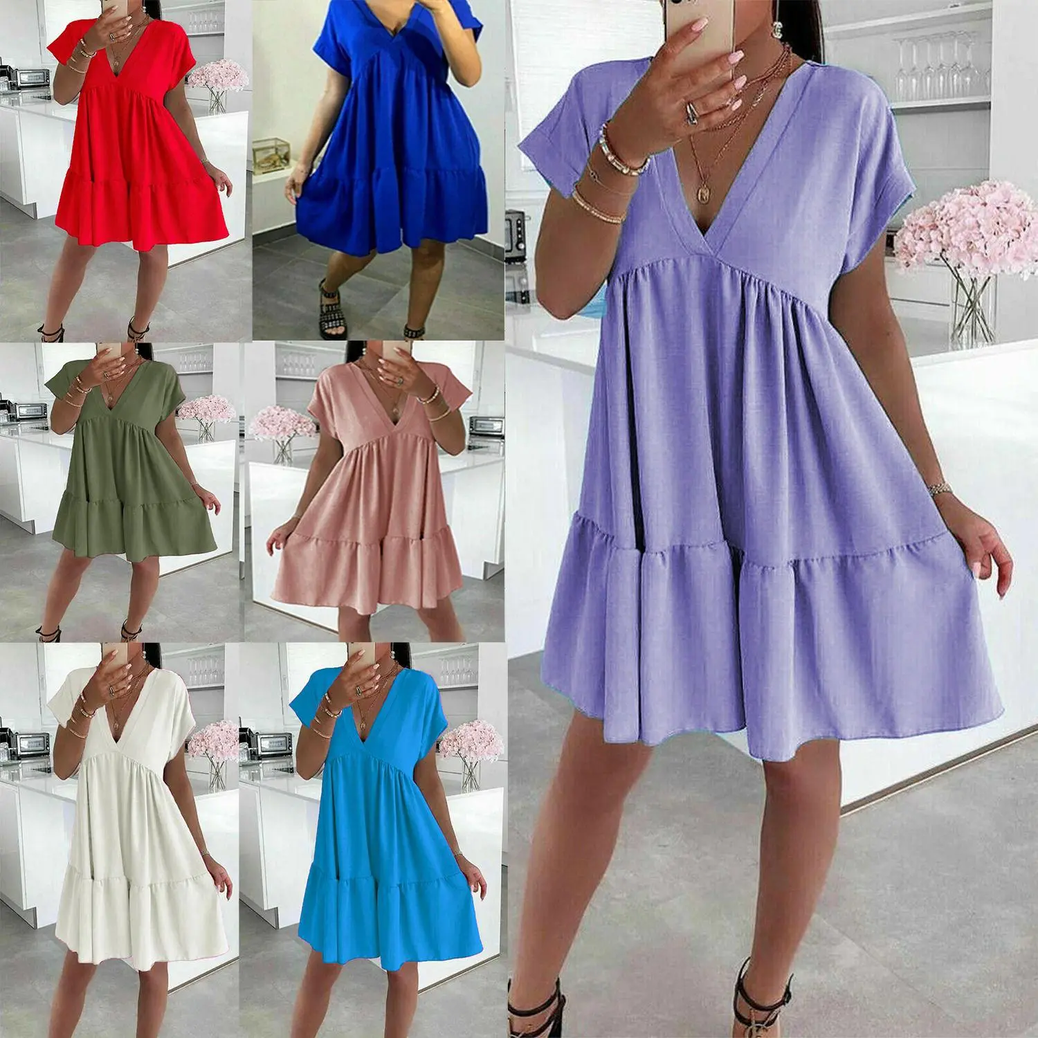 Womens Italian V.Neck Smock Dress Size UK 8-22