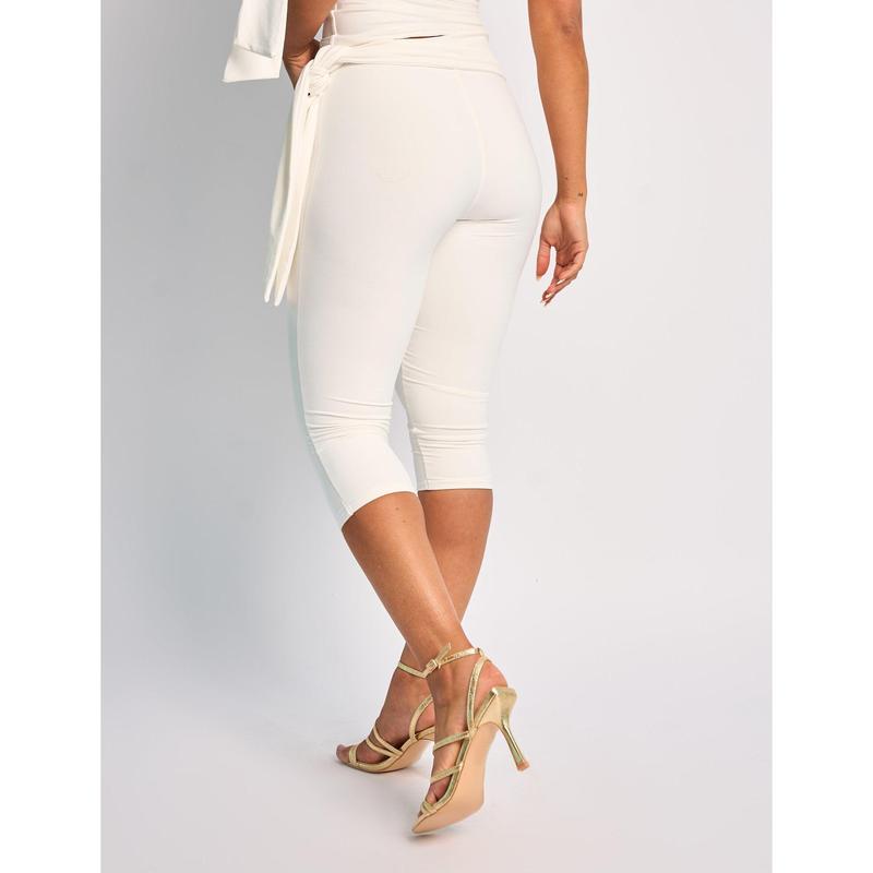 Knot Detail Tie Side Luxe Slinky Capri Pants White 2