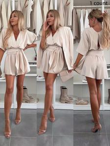 Women's Solid Cut Out Belted Romper without Outerwear, Casual Fitted V Neck Half Sleeve Romper for Summer, Fashion Women's Clothes for Daily Wear, Minimalist Womenswear, Belted Jumpsuit, High Waist Jumpsuit