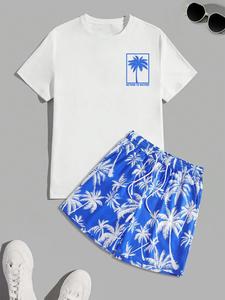 Two-Piece Set Men's Coconut Tree Print Tee & Shorts Set, Regular Fit Casual Short Sleeve T-shirt & Pocket Beach Shorts, Summer Holiday Outfits 2024