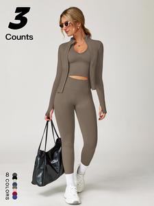 Women's Top & Leggings & Open Front Outerwear Three-piece Outfits for Yoga Gym Workout Running, Ladies Clothes for All Seasons