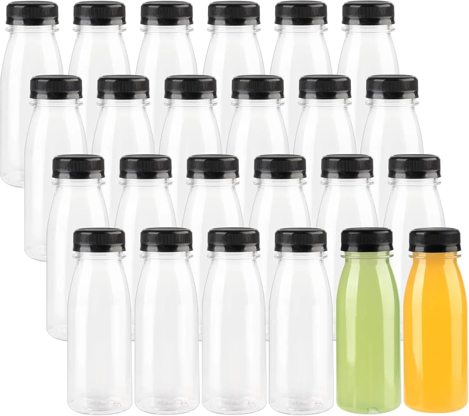 24 Pack 200ml Clear PET Plastic Juice Bottles with Black Lids, Reusable Sensory Bottles Empty Smoothie Juice Bottles for Juice, Milk, Beverag plastic bottles Organiser Tin