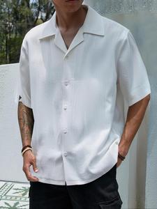 Men's Solid Color Textured Short Sleeve Shirt, Loose Casual Comfy Collared Top for Summer, Fashion Men's Clothes for Beach Vacation, Menswear